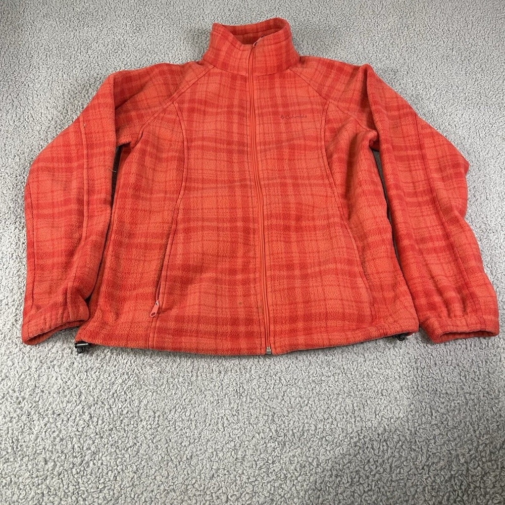 Columbia Zip Up Fleece Jacket Kids Large Red Plaid Mock Neck Long Sleeve Cozy‎